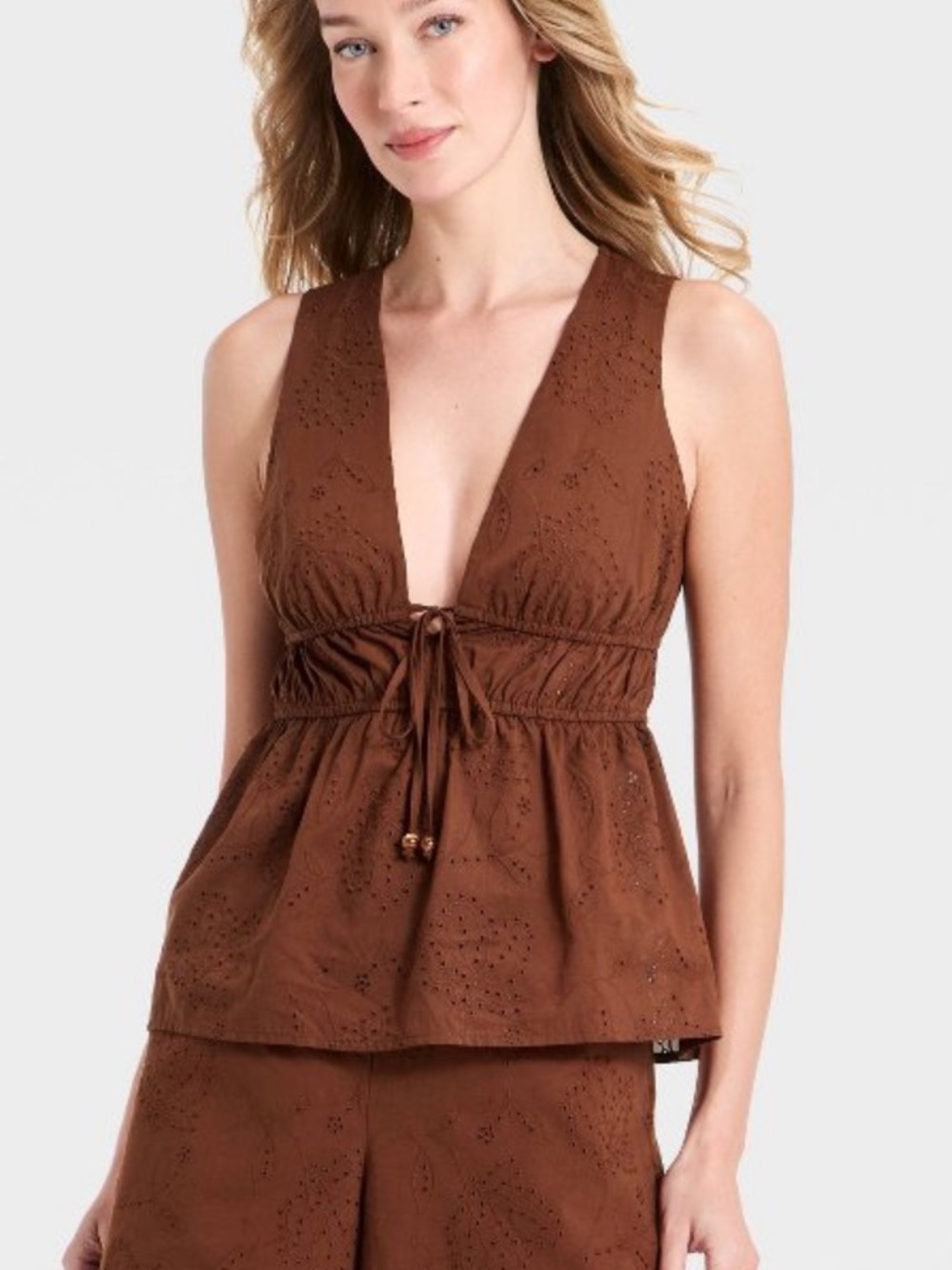 A New Day Brown Eyelet Tie-Front Sleeveless Peplum Tank Top - XL